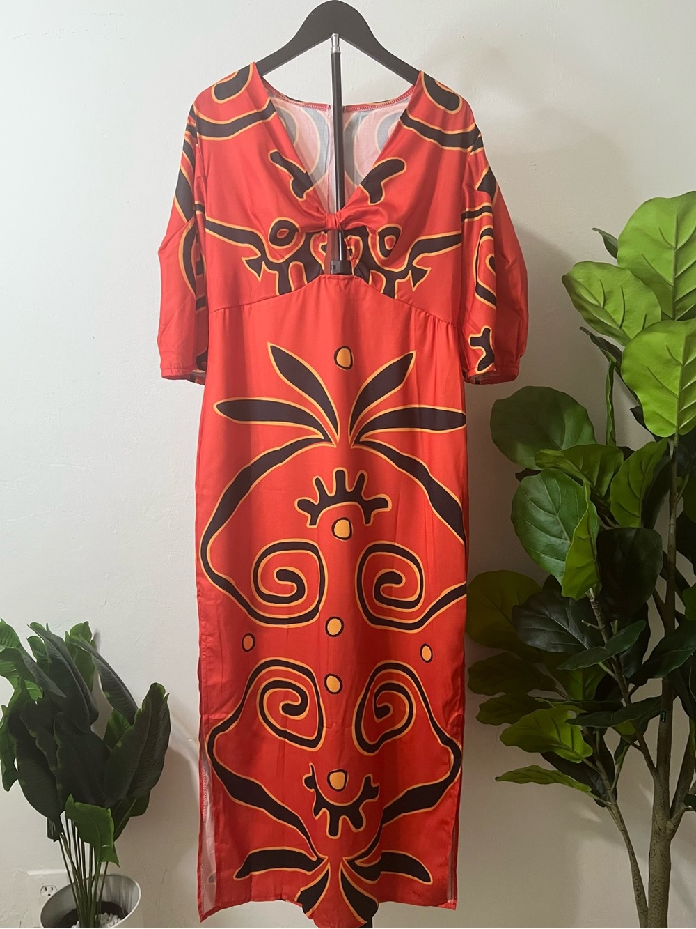 Bold Red African Print Cutout Midi Dress | 3/4 Sleeve Ankara Statement Dress